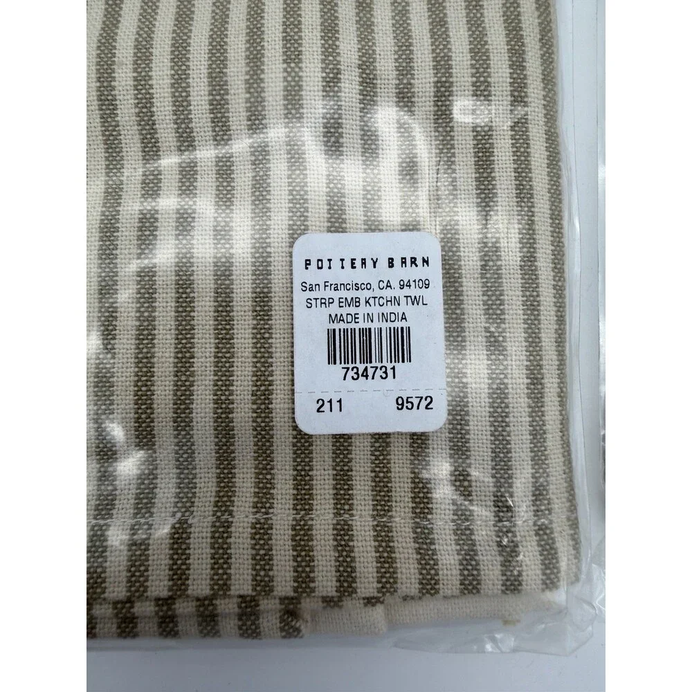 Pottery barn stripe embroidered floral kitchen towel Cotton Beige Flowers Set 2